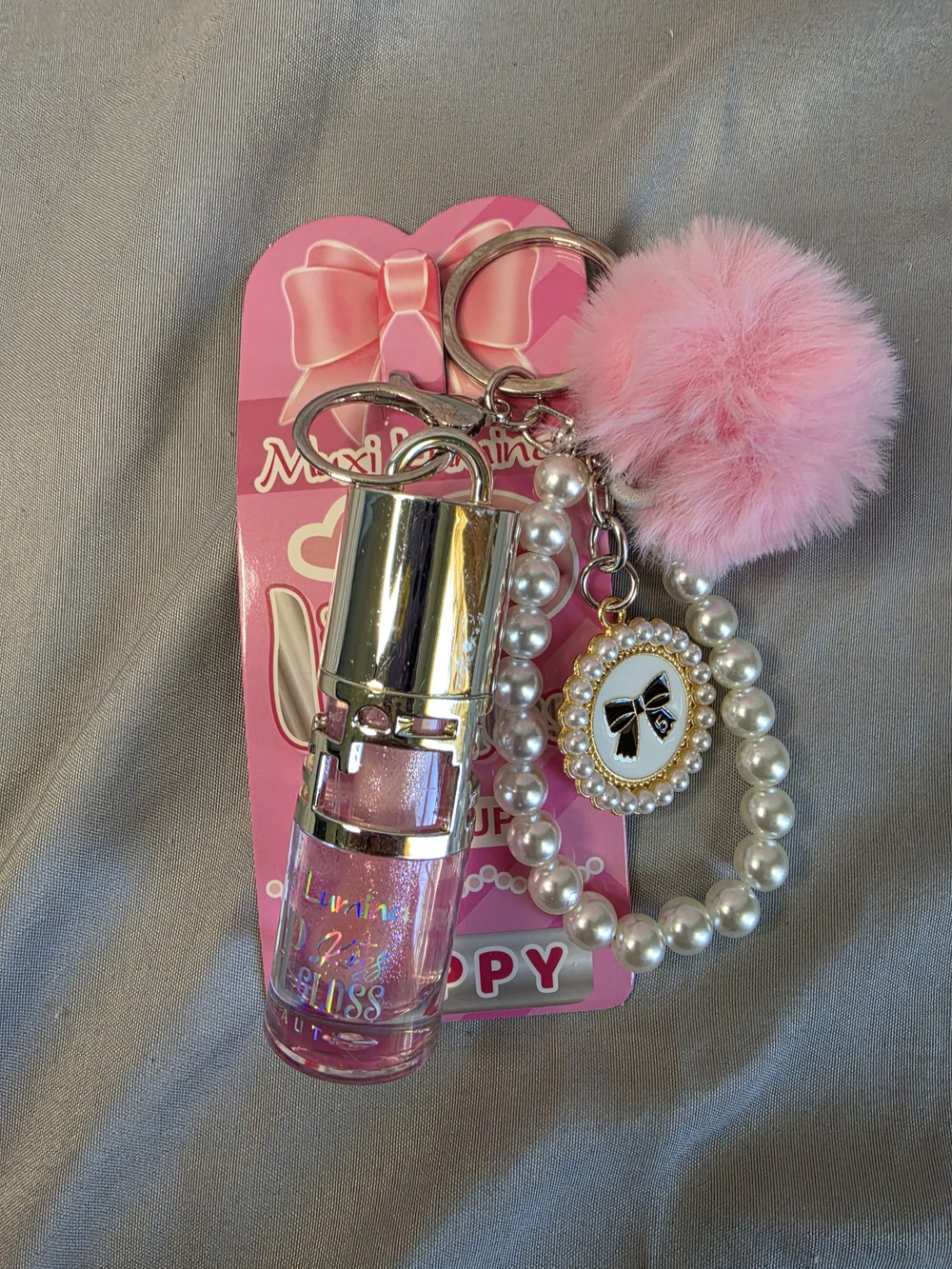 Kids Pink Pom-Pearl Keychain with Lip Gloss Charm